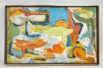 Mid Century Abstract Oil On Canvas Painting, Unsigned