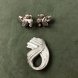 Sterling Silver Ribbon Earrings And Brooch