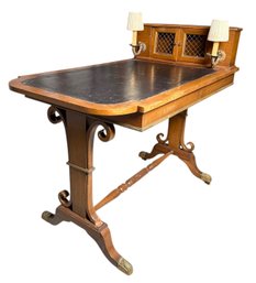 Antique Regency Library Writing Table With Leather Top And Electrified Sconces