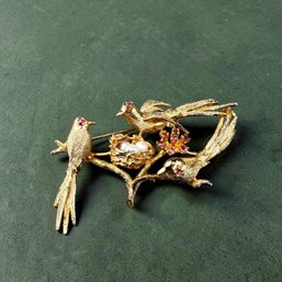 Les Bernard Birds Nest Sterling Silver Ruby And Pearl Brooch
