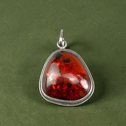 Large Amber And Sterling SIlver Necklace Pendant