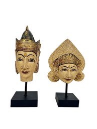 Hand-carved Balinese Wooden Deity Masks On Metal And Wood Stands