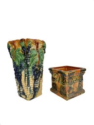 Vintage Majolica Style Vase And Planter Box, Ceramic And Terracotta