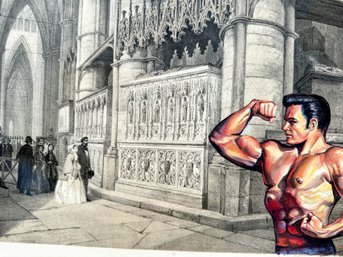 Orignal Gouache Illustration Of Muscle Man On Jules Arnout Lithograph Of Westminster Abbey