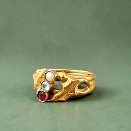Victorian 12k Gold Ring With Garnet, Blue Topaz And Pearl