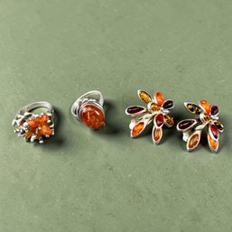 Sterling Silver And Amber Rings And Earring Pair