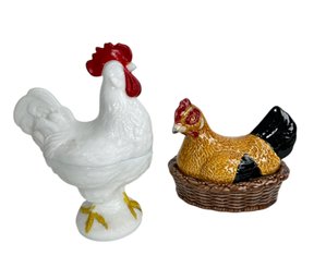 Vtg Bordalo Pinheiro Ceramic Chicken And Milk Glass Rooster Covered Dishes