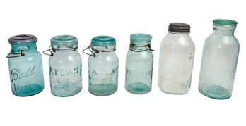 Antique Blue Atlas, Ball And Leotric Glass Jars