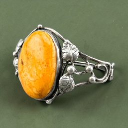 Art Nouveau Sterling Silver And Butterscotch Amber Bracelet