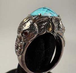 Sterling Silver Elephant And Turquoise Faceted Stone Ring