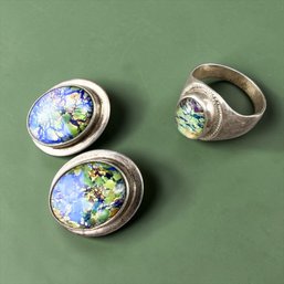 Taxco Mexico Sterling Silver And Dichroic Glass Earrings And Ring