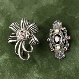 (2) Sterling Silver And Garnet Brooches