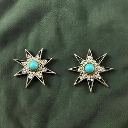 Starburst-Form Sterling Earrings Set With Cabochon Turquoise And Seed Pearls