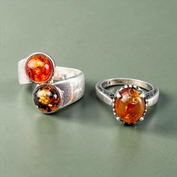 (2) Vintage Sterling Silver And Amber Rings
