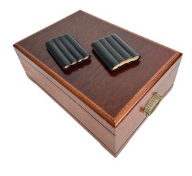 Wood And Brass Humidor And Leather Cigar Case