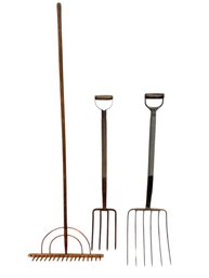 Primitive Wooden Rake And Old Iron And Wood Pitch Forks