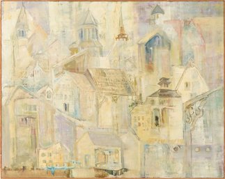 C.1985 MILDRED MURDOCK,  ABSTRACT LANDSCAPE PAINTING SEAPORT