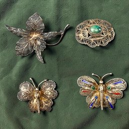(4) Antique Sterling Silver Filigree Pins