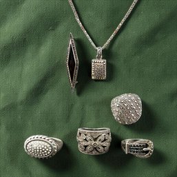 Art Deco Style Sterling Silver Marcasite And Onyx Jewelry Group