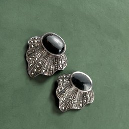 Art Deco Style Sterling Silver Marcasite And Cabochon Onyx Earrings