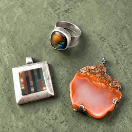 Sterling Silver Earth Tone Stones And Dichrote Glass