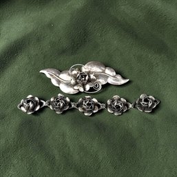 1940's Sterling Silver Floral Bracelet And Brooch