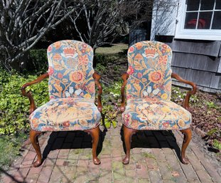 PAIR Of GEORGE II-STYLE FLORAL UPHOLSTERED ARMCHAIRS