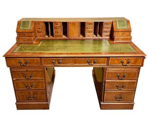 Victorian Mahogany Dickens Desk With Inlay And And Green Leather Top
