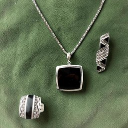 Reversable Square Moter Of Pearl And Onyx Pendant With Ring And Brooch