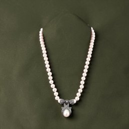 Vintage Sterling Silver Pearl And Marcasite Necklace