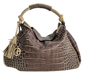 Giorgio Armani Crocodile And Leather Handbag In Grey Brown And Off White