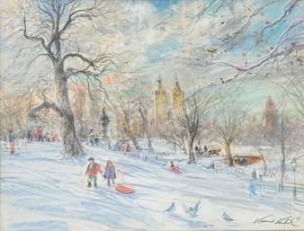 Kamil Kubik, 1997 Central Park In Winter, Framed Original Pastel On Paper