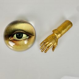 John Derian 'Eye Left' Decopage Paperweight, Bronze Hand And Brass Inkwell