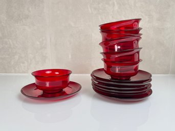 Antique Ruby Red Glass Finger Bowls With Saucers