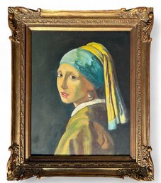 Well Framed Oil On Canvas In The Manner Of Vermeer Girl With A Pearl Earring