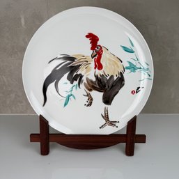 Chinese Rooster Plate In Porcelain On Rosewood Stand