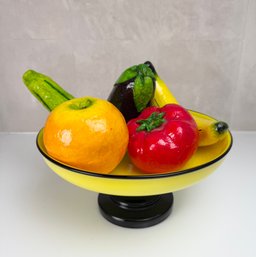 Mexican Paper Mache Fruit & Vegetables In An Art Glass Pedestal Bowl