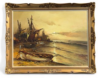 Very Large Framed Oil On Canvas Ships At Shore