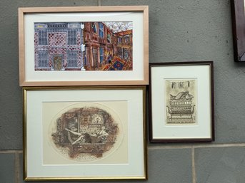 Two Framed Etchings And One Drawing