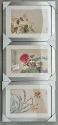 Three Chinese Floral Prints In Silver Frames, New