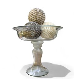 Glass Pedestal Bowl With Decorative Spheres Covered In Shells