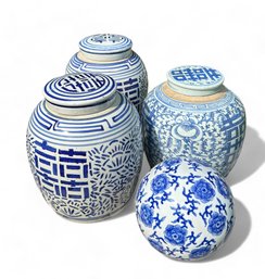 Antique Chinese Qing Dynasty Blue And White Ginger Jars With Lids And Modern Blue And White Porcelain Ball