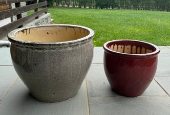 Two Large Ceramic Planters, In Red And Tan Grey Glazes