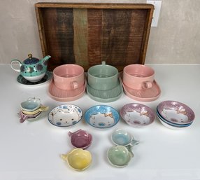 Ceramic Serving Selection With Wooden Tray