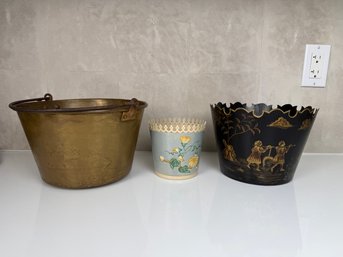 Toll Planters And Antique Brass Bucket