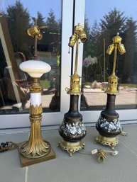 Three Gilt Bronze And Porcelain Or Glass Table Lamps