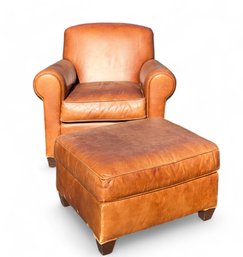 Crate And Barrel Brown Leather Club Chair With Ottoman