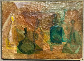 1940's Decoupage And Watercolor On Board, Still LIfe With Bottles By R. Ewald