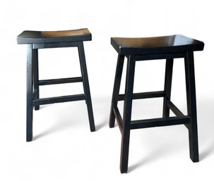 Pair Wooden And Black Lacquer Counter Stools