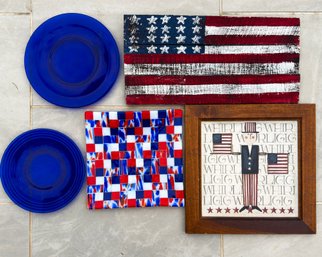 RED WHITE AND BLUE GLASS AND WALL ART